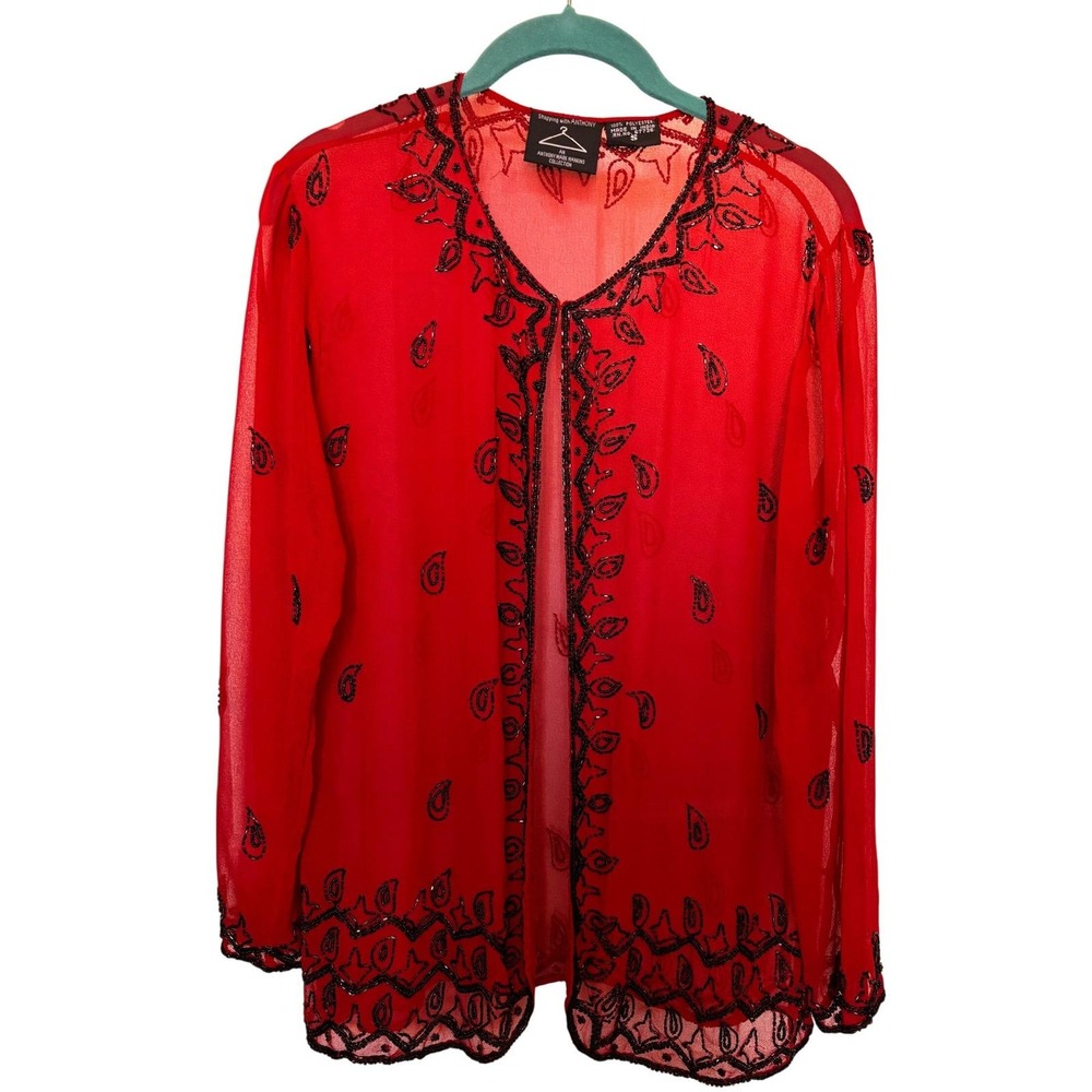 Anthony Mark Hankins Beaded Chiffon Cardigan Red Black Paisley Sheer Small‎